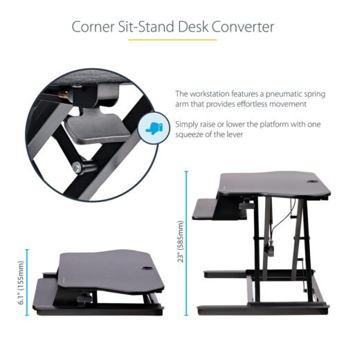 StarTech.com Corner Sit Stand Desk Converter with Keyboard Tray - Large Surface (35" x 21") - Height Adjustable Ergonomic Deskt - Image 14