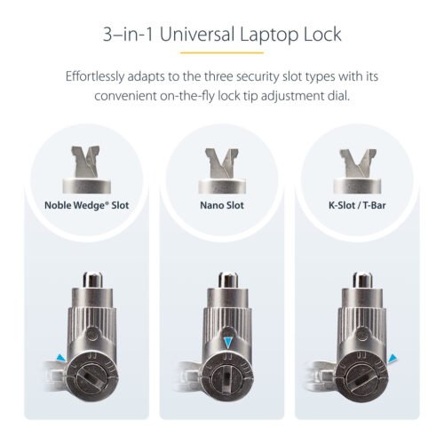 StarTech.com 3-in-1 Universal Laptop Lock 6.6ft (2m), Master Keyed Locking Cable, Computer Security, Compatible w/Noble Wedge&# - Image 2