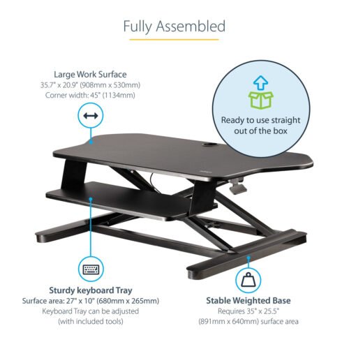 StarTech.com Corner Sit Stand Desk Converter with Keyboard Tray - Large Surface (35" x 21") - Height Adjustable Ergonomic Deskt - Image 17