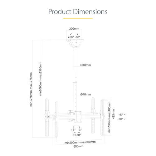 StarTech.com Dual TV Ceiling Mount - Back-to-Back Heavy Duty Hanging Dual Screen Mount with Adjustable Telescopic Pole - Tilt/S - Image 16