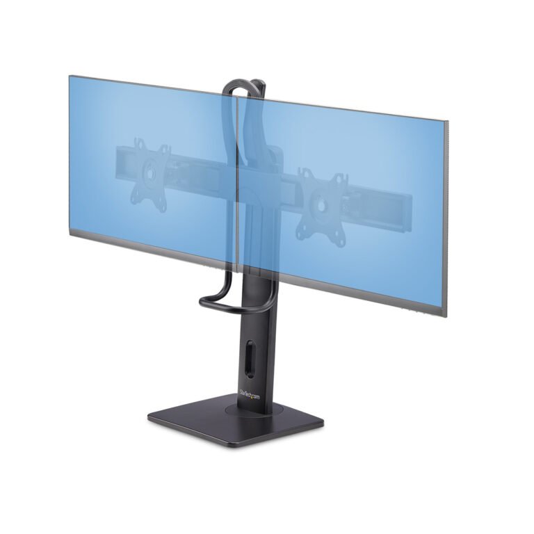 StarTech.com Crossbar Dual Monitor Desk Stand For Double 27-inch Screens, VESA Mount 75x75/100x100, Toolless Height Adjustment,