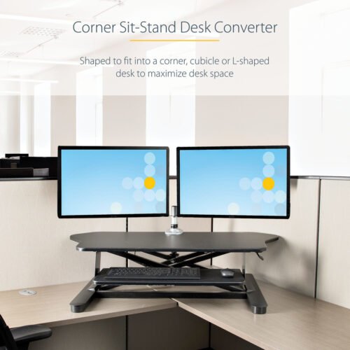 StarTech.com Corner Sit Stand Desk Converter with Keyboard Tray - Large Surface (35" x 21") - Height Adjustable Ergonomic Deskt - Image 18