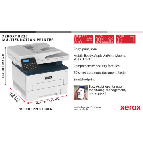 Xerox B225 A4 34ppm Wireless Duplex Copy/Print/Scan PS3 PCL5e/6 ADF 2 Trays 251 Sheets UK - Image 9