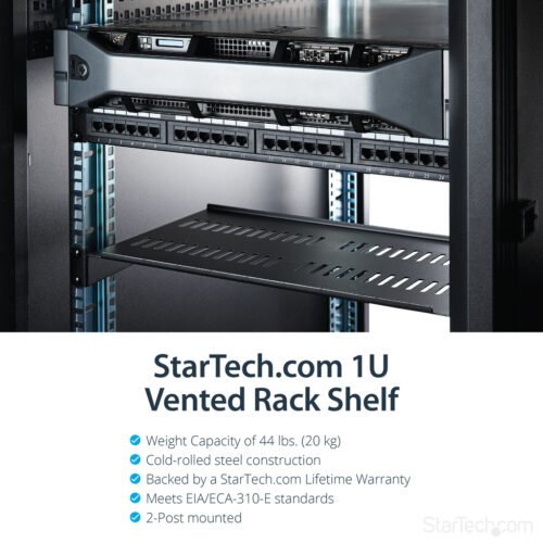 StarTech.com 1U Server Rack Shelf - Universal Vented Rack Mount Cantilever Tray for 19" Network Equipment Rack & Cabinet - Heav - Image 2