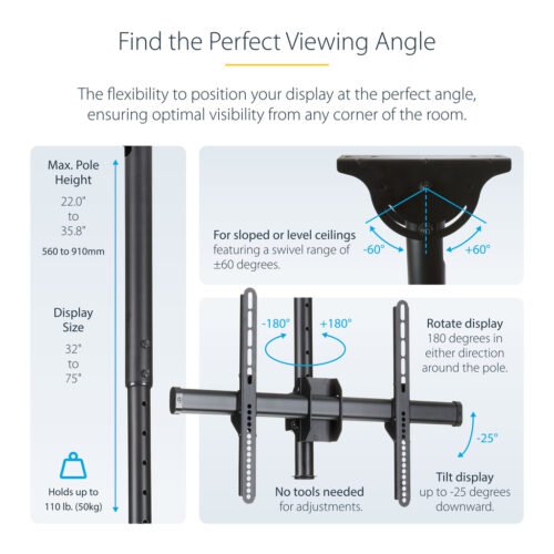 StarTech.com TV Ceiling Mount - Full-Motion Universal Hanging Single Screen Mount with Adjustable Telescopic Short Pole - Tilt - Image 6