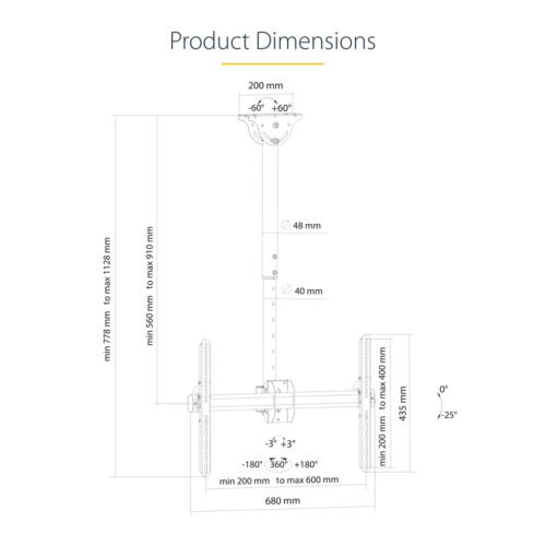 StarTech.com TV Ceiling Mount - Full-Motion Universal Hanging Single Screen Mount with Adjustable Telescopic Short Pole - Tilt - Image 15