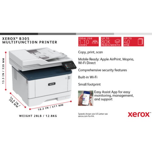 Xerox B305 A4 38ppm Wireless Duplex Copy/Print/Scan PS3 PCL5e/6 2 Trays 350 Sheets UK - Image 16