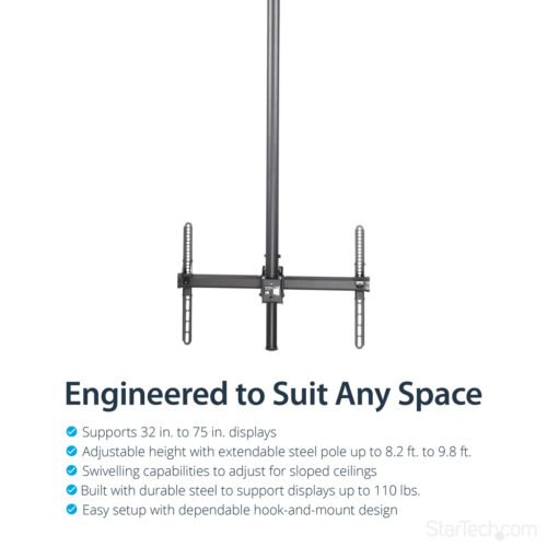 StarTech.com TV Ceiling Mount - Full-Motion Universal Hanging Single Screen Mount with Adjustable Telescopic Long Pole - Tilt / - Image 10