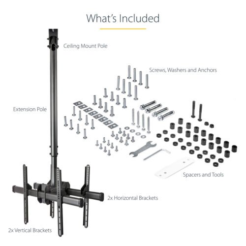 StarTech.com Dual TV Ceiling Mount - Back-to-Back Heavy Duty Hanging Dual Screen Mount with Adjustable Telescopic Pole - Tilt/S - Image 24