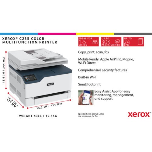Xerox C235 A4 22ppm Wireless Copy/Print/Scan/Fax PS3 PCL5e/6 ADF 2 Trays Total 251 Sheets UK - Image 12