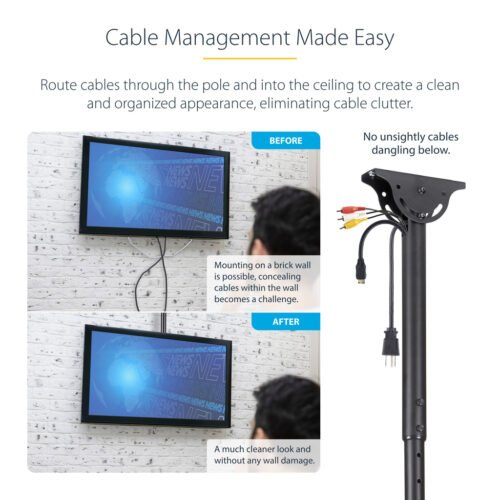 StarTech.com TV Ceiling Mount - Full-Motion Universal Hanging Single Screen Mount with Adjustable Telescopic Short Pole - Tilt - Image 5