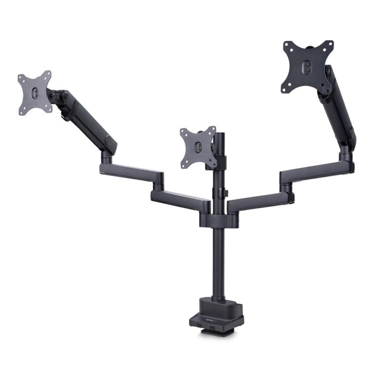 StarTech.com Triple Monitor Desk Mount For Up To Three 27in Screens, VESA 75x75/100x100, Tool-Less Arm Adjustments, C-Clamp/Gro