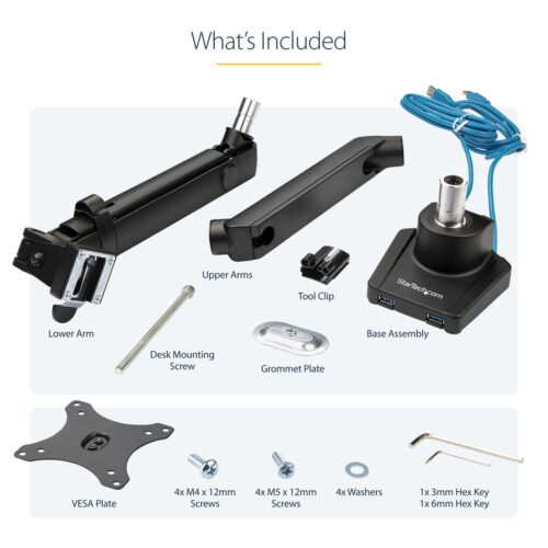 StarTech.com Desk Mount Monitor Arm with 2x USB 3.0 ports, Slim Full Motion Single Monitor Mount, up to 34" (17.6lb/8kg) VESA D - Image 16