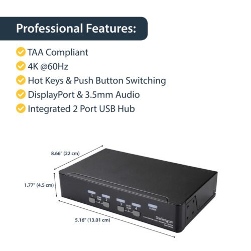 StarTech.com 4 Port DisplayPort KVM Switch - 4K 60Hz - Single Display - Dual Port UHD DP 1.2 USB KVM Switch with Integrated USB - Image 6