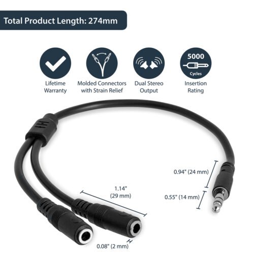 StarTech.com Slim Stereo Splitter Cable - 3.5mm Male to 2x 3.5mm Female - Image 6