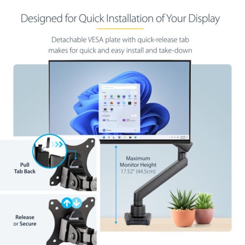StarTech.com Desk Mount Monitor Arm with 2x USB 3.0 ports, Slim Full Motion Single Monitor Mount, up to 34" (17.6lb/8kg) VESA D - Image 13