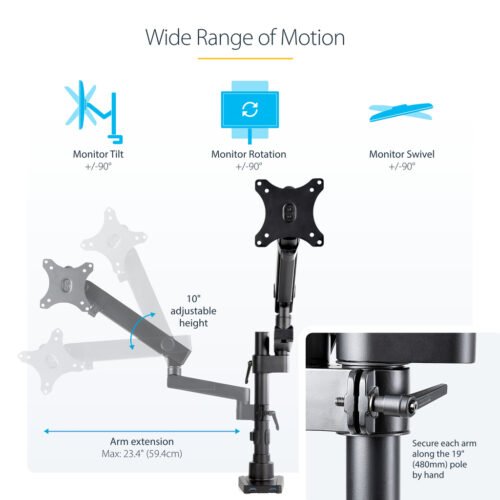 StarTech.com Desk Mount Monitor Arm with 2x USB 3.0 Ports, Full Motion Single Monitor Mount, up to 34" (17.6lb/8kg) VESA Displa - Image 4
