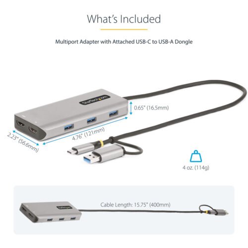 StarTech.com USB-C Multiport Adapter w/Attached USB-C to USB-A Dongle, Dual HDMI (4K30Hz/1080p60Hz), 3x USB-A 5Gbps, Mini Trave - Image 8