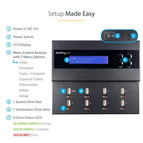 StarTech.com Standalone 1 to 7 USB Thumb Drive Duplicator and Eraser, Multiple USB Flash Drive Copier, System and File and Whol - Image 10