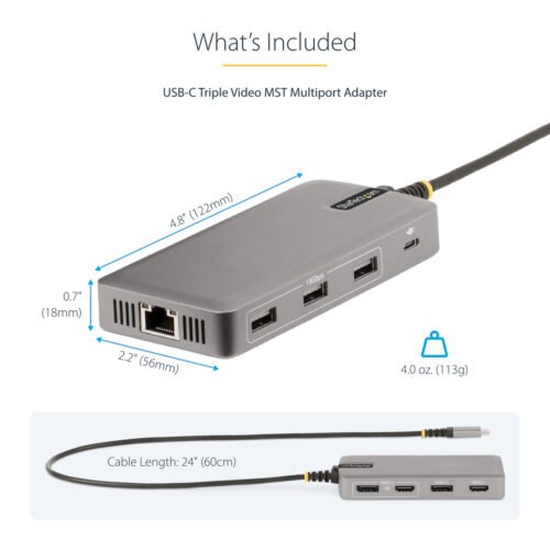 StarTech.com USB-C Triple Monitor Multiport Adapter, Dual 4K 60Hz + 4K 30Hz HDMI & DisplayPort, 3-Port USB 10Gbps Hub, 100W PD - Image 9