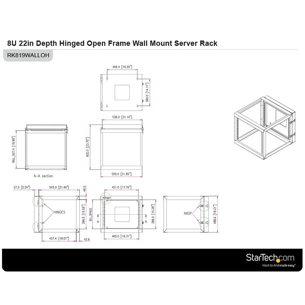 StarTech.com 8U Hinged Open Frame Wall-Mount Server Rack - 22 in. Deep - Image 4
