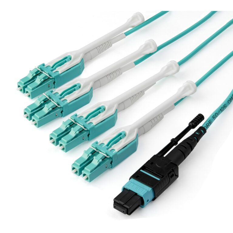 StarTech.com 1m (3ft) MTP(F)/PC to 4x LC/PC Duplex Breakout OM3 Multimode Fiber Optic Cable, OFNP Plenum, 40G Networks, Low Ins