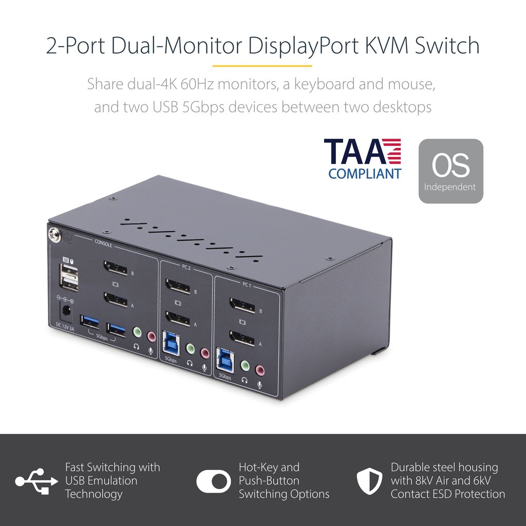 StarTech.com 2-Port Dual-Monitor DisplayPort KVM Switch, 4K 60Hz, 2x USB 5Gbps Hub Ports, 2x USB 2.0 HID Ports, Hotkey and Push - Image 5