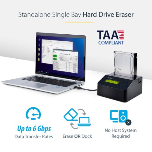 StarTech.com Single Bay Hard Drive Eraser, Standalone HDD/SSD Sanitizer, 4Kn, USB 3.0 to SATA III (6 Gbps), 9 Erase Modes, LCD - Image 8