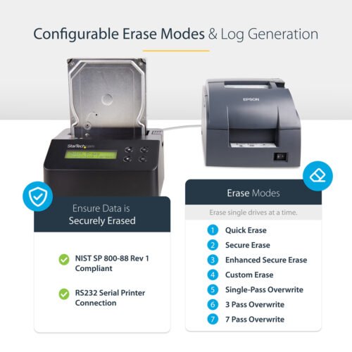 StarTech.com Single Bay Hard Drive Eraser, Standalone HDD/SSD Sanitizer, 4Kn, USB 3.0 to SATA III (6 Gbps), 9 Erase Modes, LCD - Image 11