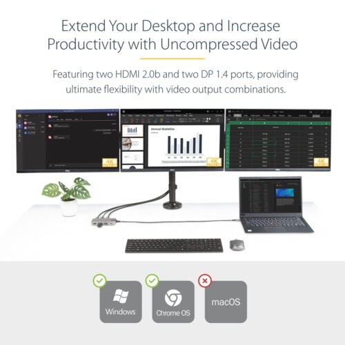 StarTech.com USB-C Triple Monitor Multiport Adapter, Dual 4K 60Hz + 4K 30Hz HDMI & DisplayPort, 3-Port USB 10Gbps Hub, 100W PD - Image 7