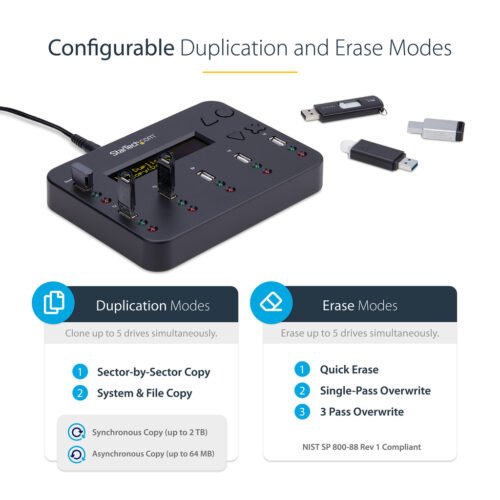 StarTech.com Standalone 1 to 5 USB Thumb Drive Duplicator and Eraser, Multiple USB Flash Drive Copier, System and File and Whol - Image 4