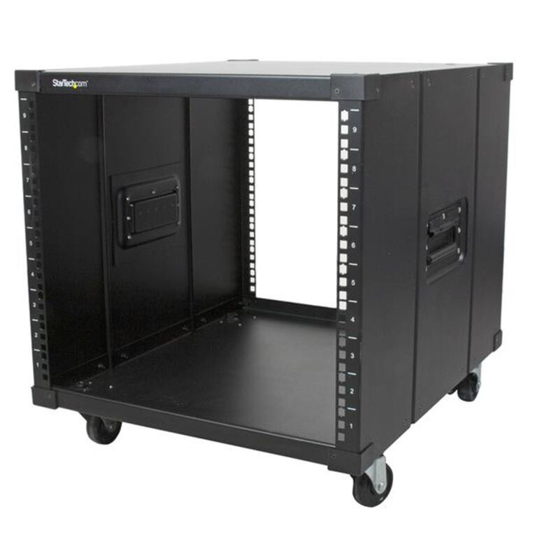 StarTech.com 4-Post 9U Mobile Open Frame Server Rack, Four Post Network Rack with Wheels, 19" Rolling Rack for Home/Office Narr
