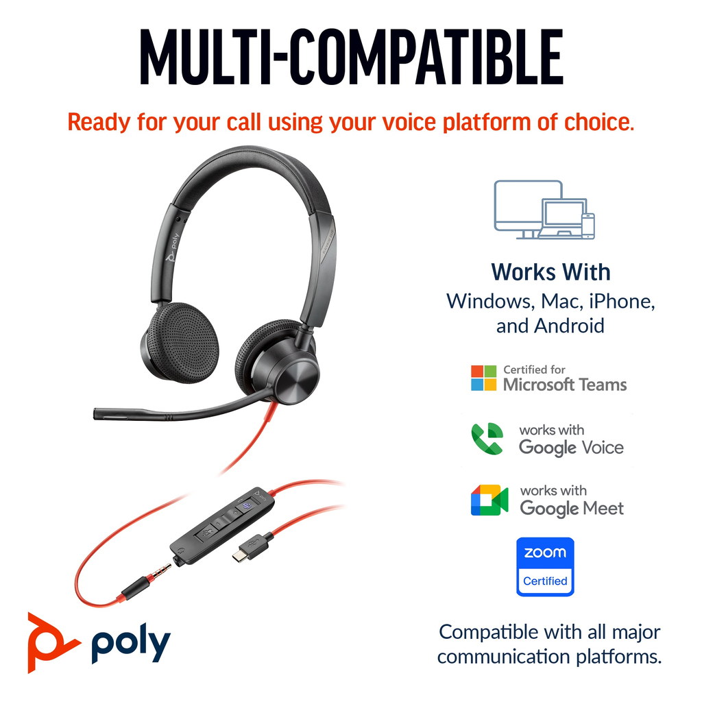POLY Blackwire 3325 Stereo USB-C Headset +3.5mm Plug +USB-C/A Adapter - Image 2