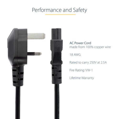 StarTech.com 3ft (1m) UK Laptop Power Cable, BS 1363 to C5 (Clover Leaf), 2.5A 250V, 18AWG, UK Laptop Replacement Cord, Printer - Image 7