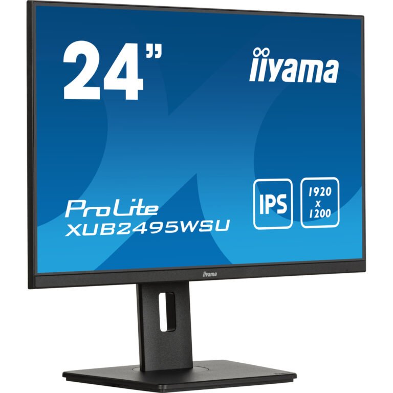 iiyama ProLite 24” 3-side borderless monitor featuring IPS (In-Plane-Switching) panel with a 16:10 aspect ratio and height-ad