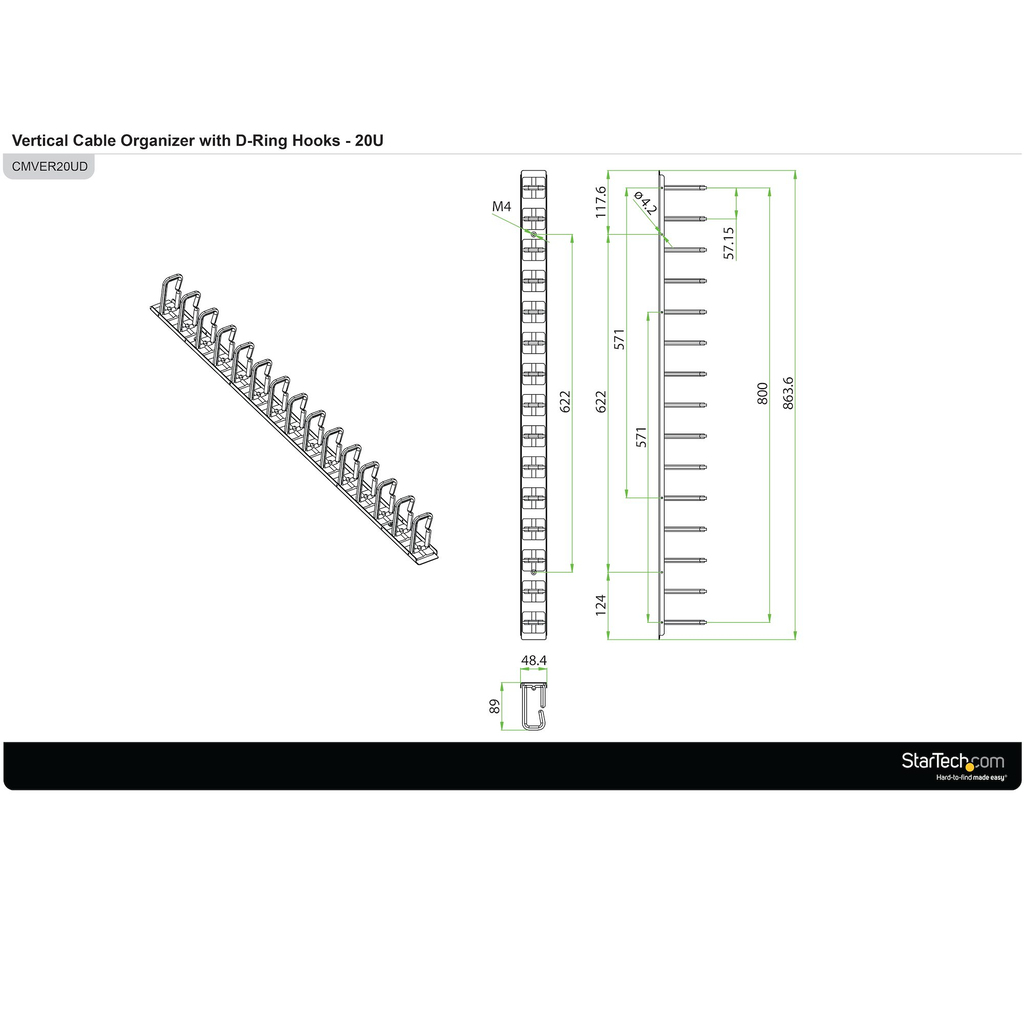 StarTech.com Vertical Cable Organizer with D-Ring Hooks - 0U - 2.8ft. - Image 9