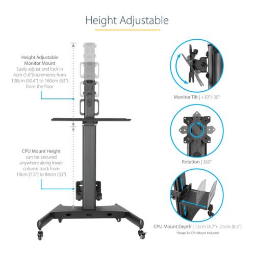 StarTech.com Mobile Workstation Cart with Monitor Mount, CPU/PC Holder, Keyboard Tray - Ergonomic Height Adjustable Desktop Com - Image 23