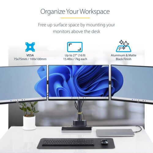 StarTech.com Triple Monitor Desk Mount For Up To Three 27in Screens, VESA 75x75/100x100, Tool-Less Arm Adjustments, C-Clamp/Gro - Image 6
