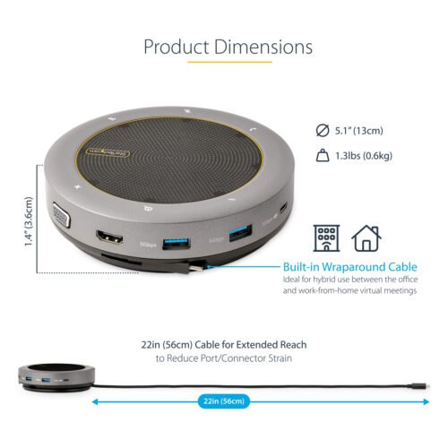 StarTech.com USB-C Speakerphone Docking Station, Mini Portable Conference Speaker and Audio Dock, USB-C to VGA/4K HDMI, 2x USB- - Image 7
