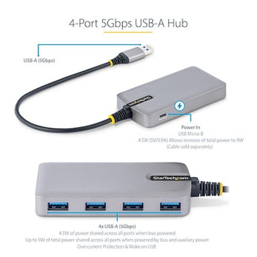 StarTech.com 4-Port USB Hub - USB 3.0 5Gbps, Bus Powered, USB-A to 4x USB-A Hub w/ Optional Auxiliary Power Input - Portable De - Image 3