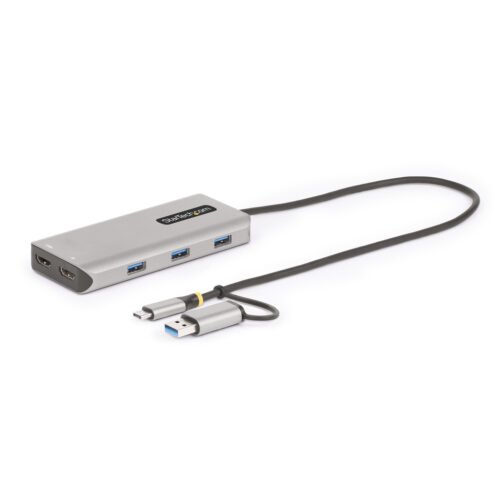 StarTech.com USB-C Multiport Adapter w/Attached USB-C to USB-A Dongle, Dual HDMI (4K30Hz/1080p60Hz), 3x USB-A 5Gbps, Mini Trave