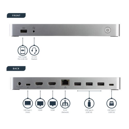 StarTech.com Dual Monitor USB C Docking Station with 60W Power Delivery for Windows Laptops - USB C to HDMI / DVI Dock - USB 3. - Image 12
