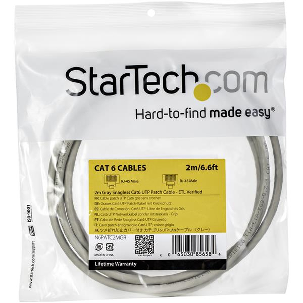 StarTech.com 2m CAT6 Ethernet Cable - Grey CAT 6 Gigabit Ethernet Wire -650MHz 100W PoE RJ45 UTP Network/Patch Cord Snagless w/ - Image 7