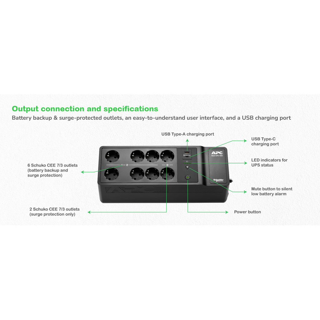 APC Back-UPS, 1050VA/600W Floor/Wall Mount, 230V, 8x Schuko CEE 7/3 outlets, USB Type A+C Port, User Replaceable Battery - Image 5