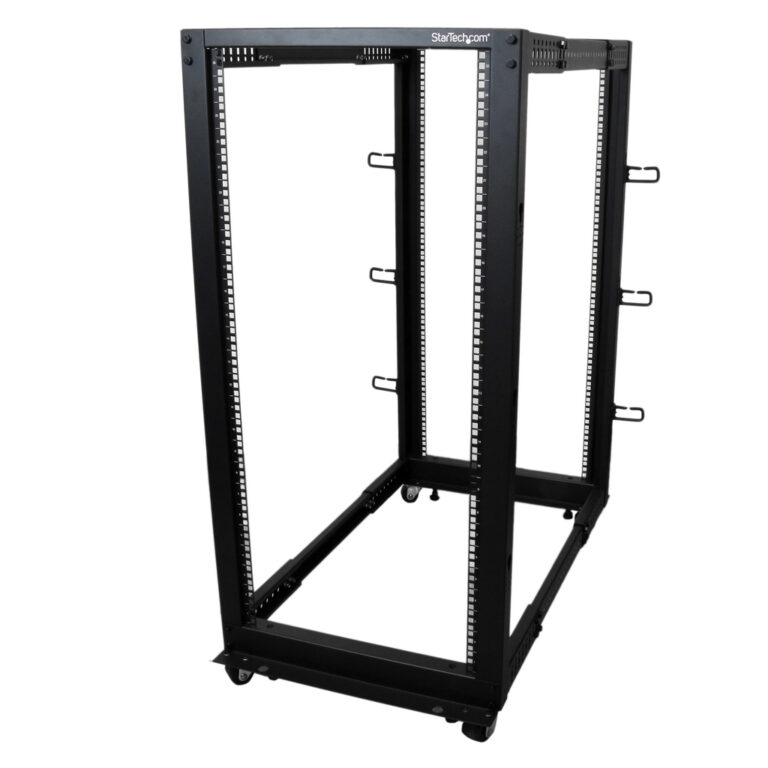 StarTech.com 4-Post 25U Mobile Open Frame Server Rack, Four Post 19in Network Rack with Wheels, Rolling Rack with Adjustable De