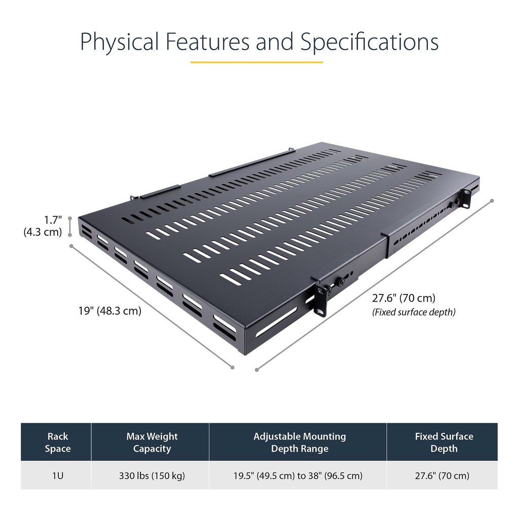 StarTech.com 1U 4-Post Adjustable Vented Server Rack Mount Shelf - 330lbs(150 kg) - 19.5 to 38in Adjustable Mounting Depth Univ - Image 18