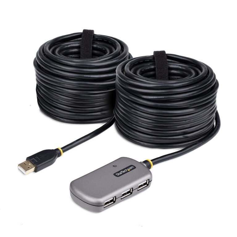 StarTech.com USB Extender Hub, 24m USB 2.0 Extension Cable with 4-Port USB-A Hub, Active/Bus Powered USB Repeater Cable, Option