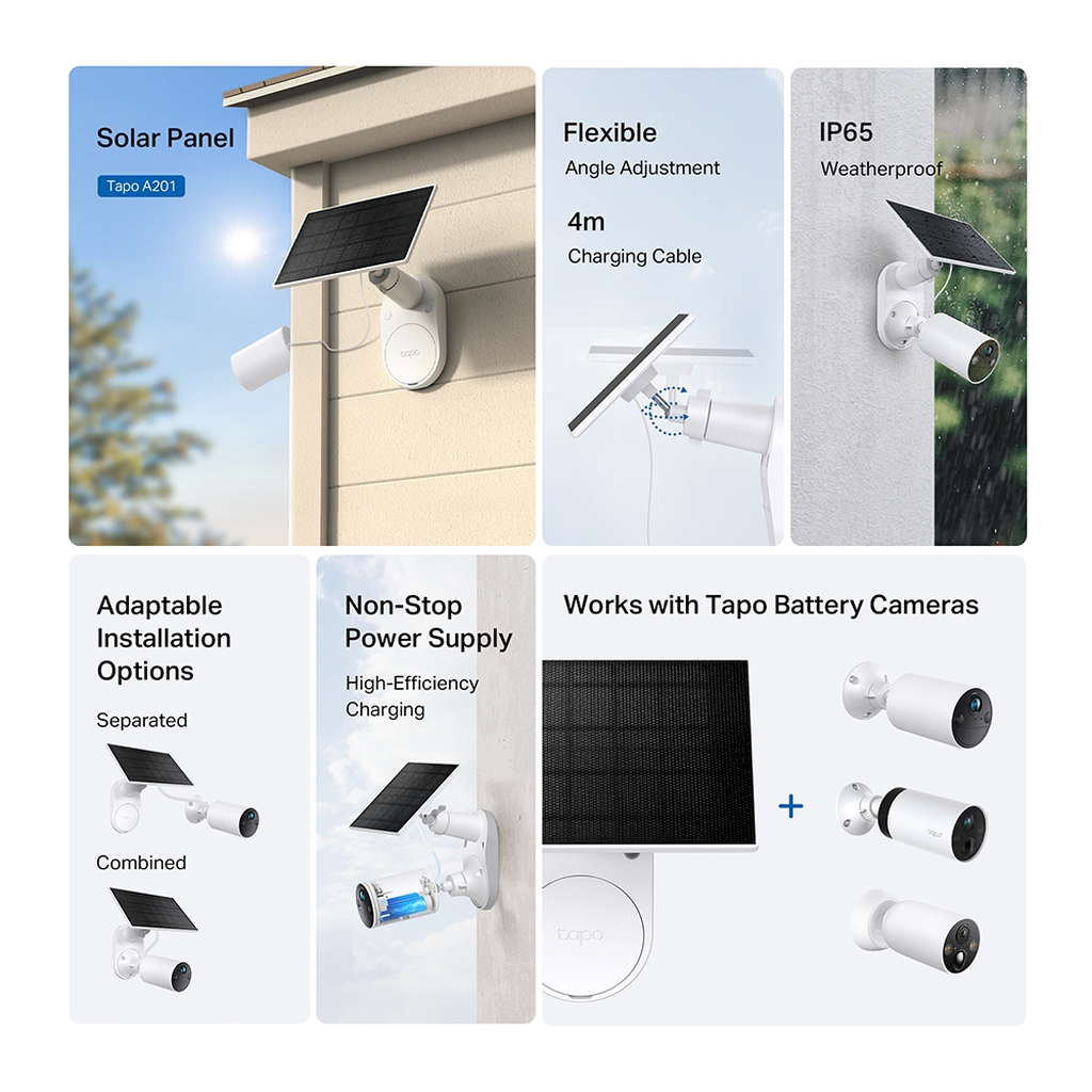 TP-Link Tapo Solar Panel SPEC: 5.2V 2.5W FEATURE: Type-C Charging Port, Non-Stop Power, Flexible Solar Installation, Works with - Image 4