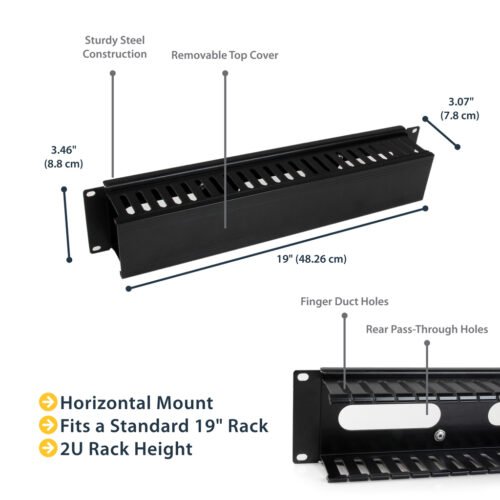 StarTech.com Horizontal 2U Server Rack Cable Management Finger Duct w/ Cover - 19" Network Rack Wire Duct Raceway Panel - Slott - Image 5