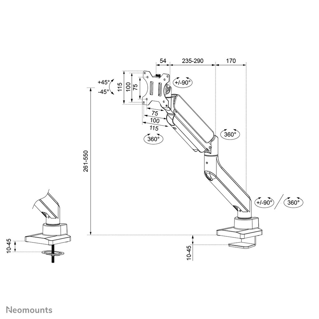 Neomounts DS70PLUS-450BL1 Monitor arm 17-49" - gas spring - Topfix - 180°-stop - Image 18